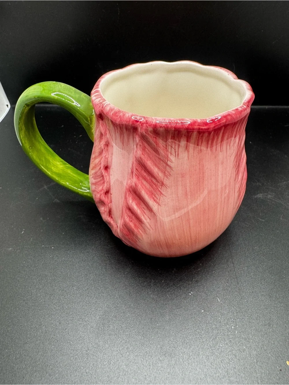 Pink Tulip-Shaped Ceramic Mug with Green Handle